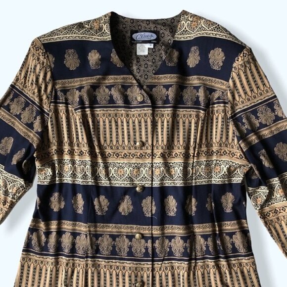 Vintage 80s Clues Collection Baroque Print Duster Robe Jacket Navy Tan XL - Picture 5 of 14